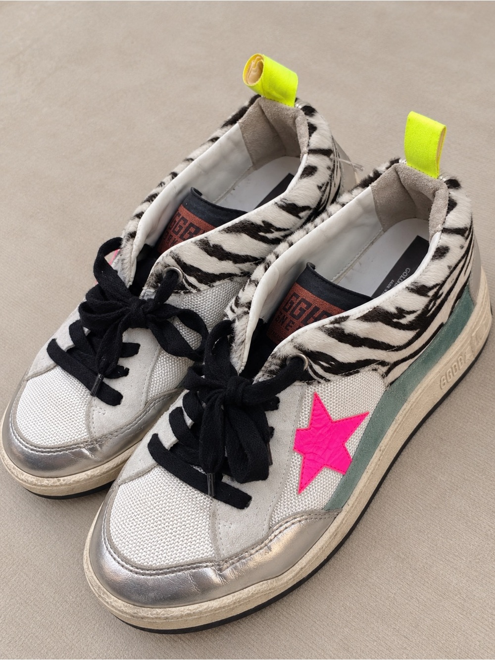 Golden Goose Kids Zebra Print Sneakers with Neon Pink Star and Yellow Pull Tab - Picture 4 of 7